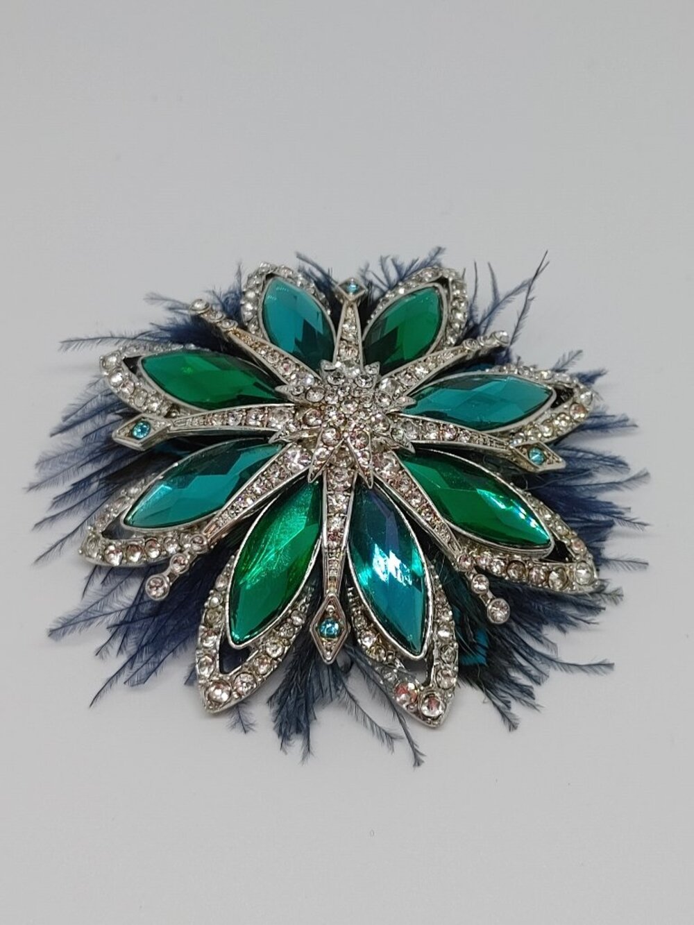 VTG Signed Anne Klein Emerald Teal Rhinestone Feather Starburst Brooch Pin